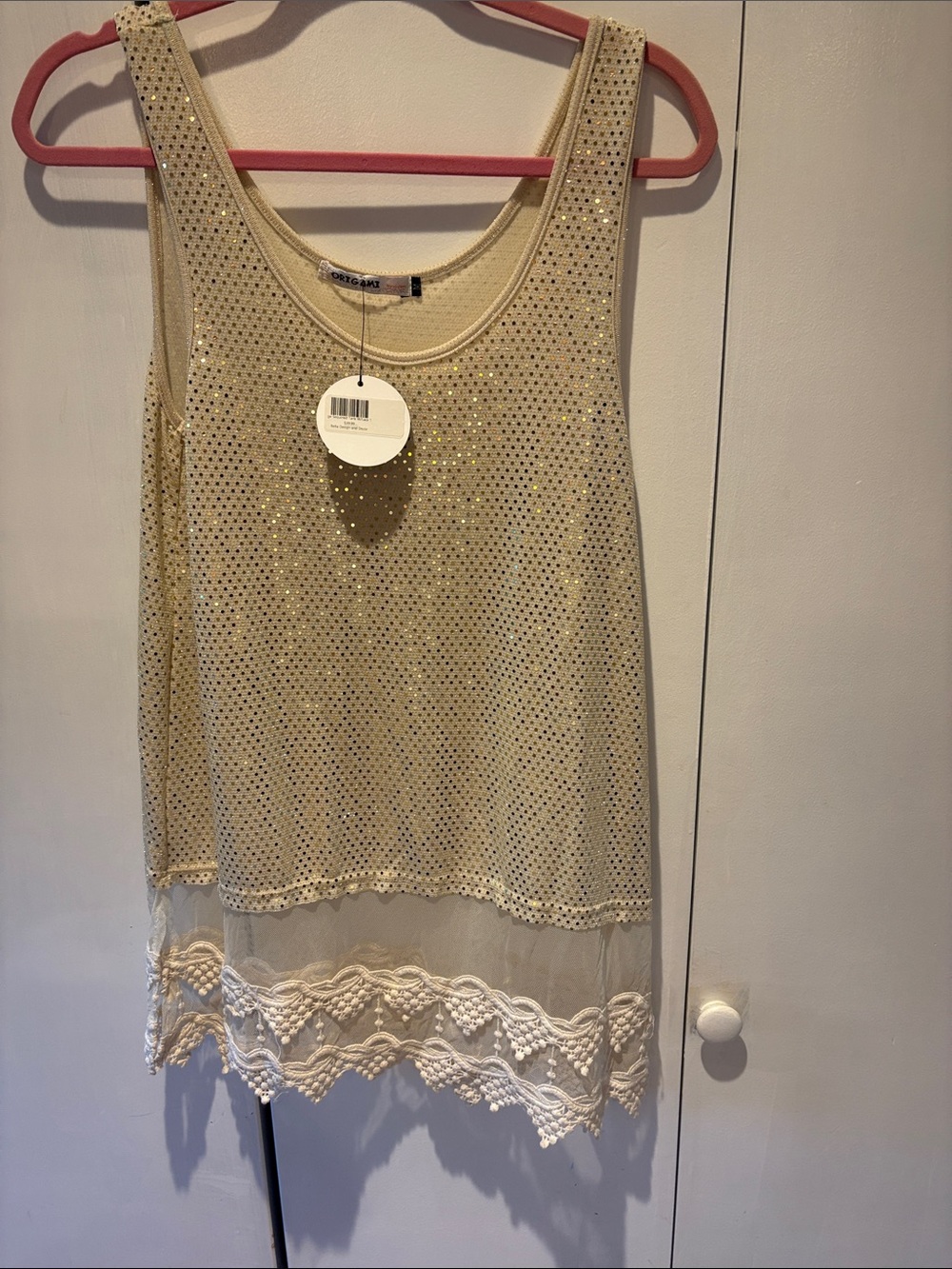 Cream Beaded Lace-Trim Sleeveless Tank Top